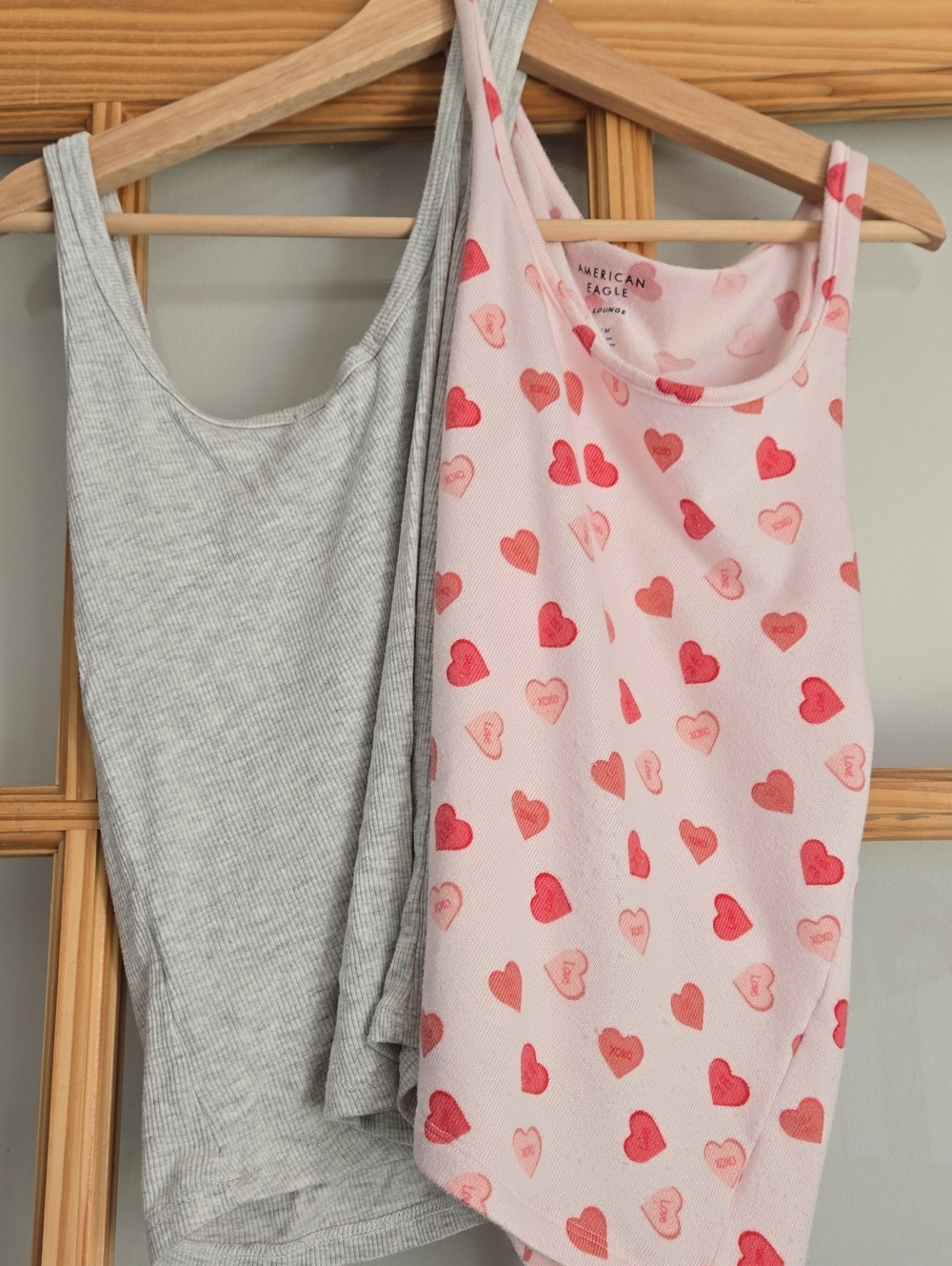 Add-on American Eagle Outfitters Pink Heart Print Top And Gray Ribbed Tank